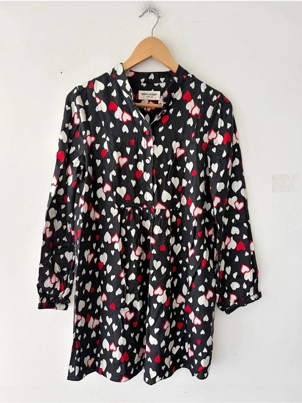 Saint Laurent Heart-Print Long-Sleeve Shift Dress Black & Red Small